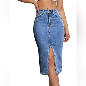 Denim Pencil Skirts Mid Long High Waist A line Midi Jean Skirt Split Hem small